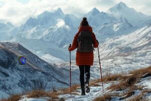 Hiker woman walking in mountains with trekking poles enjoying panoramic view photo