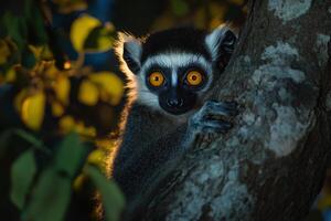 Black and white ruffed lemur holding tree trunk at night photo