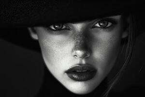 Beautiful woman with freckles wearing a hat is posing in black and white photo