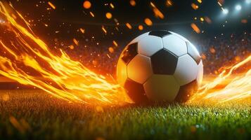 Soccer ball burning in flames on field in stadium at night photo
