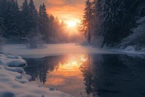 Frozen lake reflecting dramatic sunset in a snowy forest photo