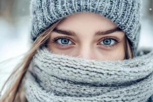 Beautiful young woman wearing knitted wool hat and scarf in winter photo