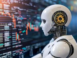 Ai robot analyzing stock market data on digital display photo