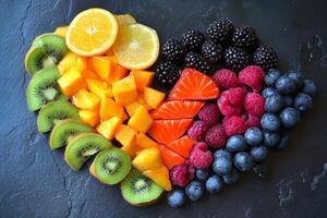 Fresh cut fruit arranged in a heart shape on slate photo