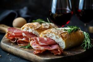 Delicious ciabatta sandwich with italian prosciutto and red wine photo
