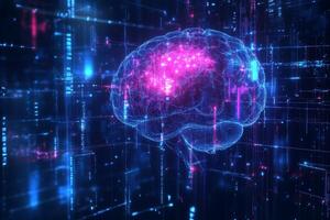 Digital brain is glowing surrounded by data and information photo