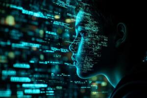Young student analyzing code projected on his face in the dark photo