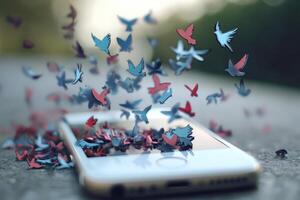 Social media birds escaping from smartphone screen photo