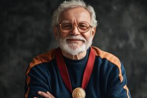 Smiling senior athlete wearing gold medal posing with arms crossed photo