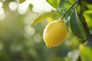 Juicy lemon hanging from a branch on a lemon tree photo