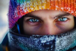 Young man wearing winter clothes is looking at you from the cold photo