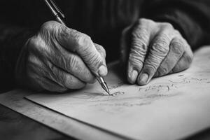 Senior man drawing on paper using a pen photo