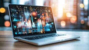 Laptop showing statistical graph with city lights in background photo