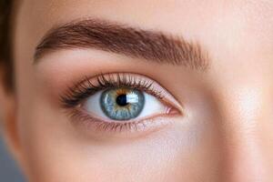 Woman with perfect eyebrows is showing beautiful blue eye with makeup photo