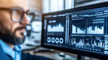 Businessman analyzing charts on multiple computer screens in office photo