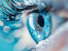 Blue eye reflecting digital information flowing in a circuit board pattern photo