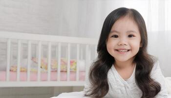 a beautiful baby girl lying on a white bed, smiling with delight. The clean, minimalistic background emphasizes the child is joyful expression and innocence, early childhood, and nurturing care photo