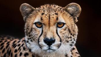 portrait of a cheetah, cheetah, showcasing its sharp gaze and detailed fur pattern, The cheetah is intense eyes and sleek features are captured in sharp focus, cheetah is amber eyes and its fur photo