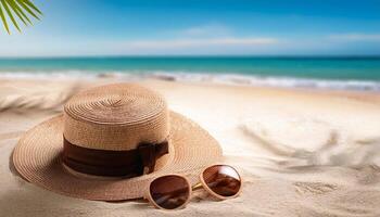 Summer beach vacation concept with a straw hat and sunglasses resting on soft sand near shoreline, tranquil sea and blue sky create a peaceful and relaxing atmosphere, leisure at the beach photo