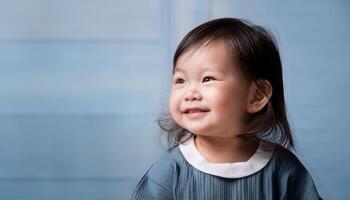 a beautiful baby girl lying on a white bed, smiling with delight. The clean, minimalistic background emphasizes the child is joyful expression and innocence, early childhood, and nurturing care photo