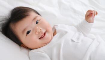 a beautiful baby girl lying on a white bed, smiling with delight. The clean, minimalistic background emphasizes the child is joyful expression and innocence, early childhood, and nurturing care photo