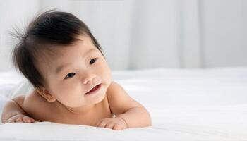 a beautiful baby girl lying on a white bed, smiling with delight. The clean, minimalistic background emphasizes the child is joyful expression and innocence, early childhood, and nurturing care photo
