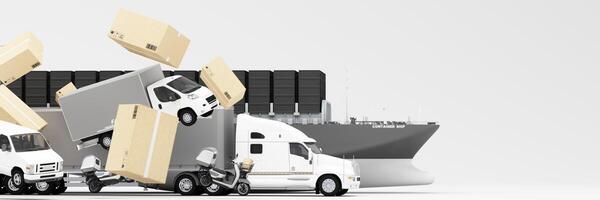 A variety of cargo vehicles including trucks, vans, and motorcycles with shipping boxes and a container ship, efficient delivery and logistics services for transporting goods worldwide. 3d rendering photo
