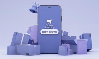 Parcel boxes, shopping carts, and smartphones were floating above the ground and all object on pastel color background for shopping online concept design, 3d rendering for advertising design photo