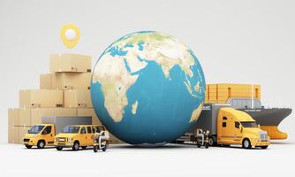 An advanced logistics and delivery network featuring cargo ships trucks vans scooters and an airplane showcasing efficient and fast transportation for global supply chain solutions 3d rendering photo
