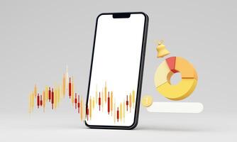 A smartphone with a blank screen shows a candlestick chart and a pie chart with a notification bell, symbolizing financial data analysis and real-time alerts in a 3d rendering photo