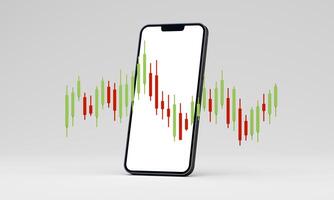 A smartphone with a blank screen shows a candlestick chart and a pie chart with a notification bell, symbolizing financial data analysis and real-time alerts in a 3d rendering photo