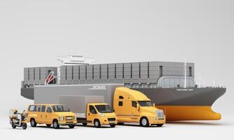An advanced logistics and delivery network featuring cargo ships trucks vans scooters and an airplane showcasing efficient and fast transportation for global supply chain solutions 3d rendering photo