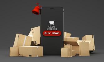 Parcel boxes, shopping carts, and smartphones were floating above the ground and all object on pastel color background for shopping online concept design, 3d rendering for advertising design photo