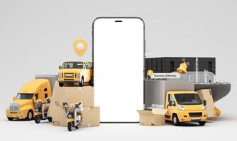 An advanced logistics and delivery network featuring cargo ships trucks vans scooters and an airplane showcasing efficient and fast transportation for global supply chain solutions 3d rendering photo