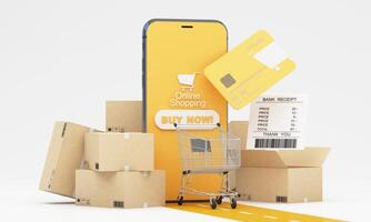 Parcel boxes, shopping carts, and smartphones were floating above the ground and all object on pastel color background for shopping online concept design, 3d rendering for advertising design photo
