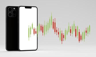 A smartphone with a blank screen shows a candlestick chart and a pie chart with a notification bell, symbolizing financial data analysis and real-time alerts in a 3d rendering photo