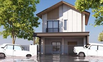A house with floodwaters surrounding the exterior showing cars partially submerged emphasizing the impact of flooding on residential areas and transportation 3d rendering photo