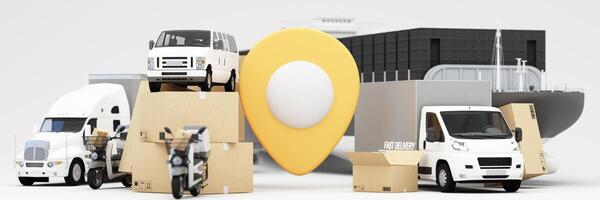 A variety of cargo vehicles including trucks, vans, and motorcycles with shipping boxes and a container ship, efficient delivery and logistics services for transporting goods worldwide. 3d rendering photo
