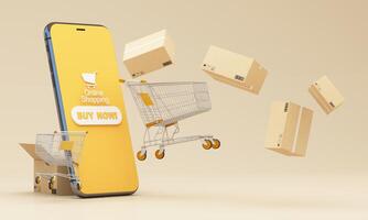 Parcel boxes, shopping carts, and smartphones were floating above the ground and all object on pastel color background for shopping online concept design, 3d rendering for advertising design photo