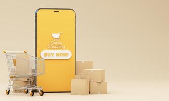 Parcel boxes, shopping carts, and smartphones were floating above the ground and all object on pastel color background for shopping online concept design, 3d rendering for advertising design photo