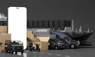 An advanced logistics and delivery network featuring cargo ships trucks vans scooters and an airplane showcasing efficient and fast transportation for global supply chain solutions 3d rendering photo
