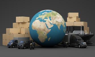 An advanced logistics and delivery network featuring cargo ships trucks vans scooters and an airplane showcasing efficient and fast transportation for global supply chain solutions 3d rendering photo