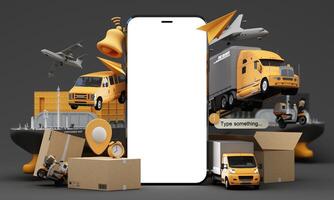 An advanced logistics and delivery network featuring cargo ships trucks vans scooters and an airplane showcasing efficient and fast transportation for global supply chain solutions 3d rendering photo