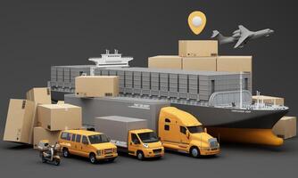 An advanced logistics and delivery network featuring cargo ships trucks vans scooters and an airplane showcasing efficient and fast transportation for global supply chain solutions 3d rendering photo