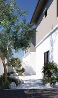 Trend Modern House, Tropical Inspired, in grey tone color with garden and tree in modern japanese style. 3D Rendering photo