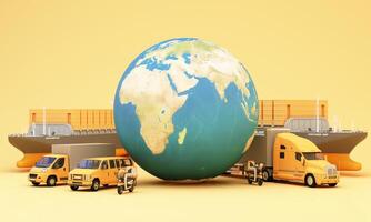 An advanced logistics and delivery network featuring cargo ships trucks vans scooters and an airplane showcasing efficient and fast transportation for global supply chain solutions 3d rendering photo