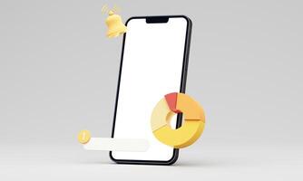 A smartphone with a blank screen shows a candlestick chart and a pie chart with a notification bell, symbolizing financial data analysis and real-time alerts in a 3d rendering photo