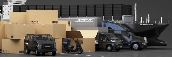 A variety of cargo vehicles including trucks, vans, and motorcycles with shipping boxes and a container ship, efficient delivery and logistics services for transporting goods worldwide. 3d rendering photo