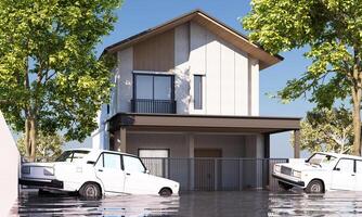 A house with floodwaters surrounding the exterior showing cars partially submerged emphasizing the impact of flooding on residential areas and transportation 3d rendering photo