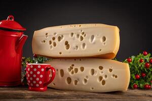Two blocks of swiss cheese on wooden table photo